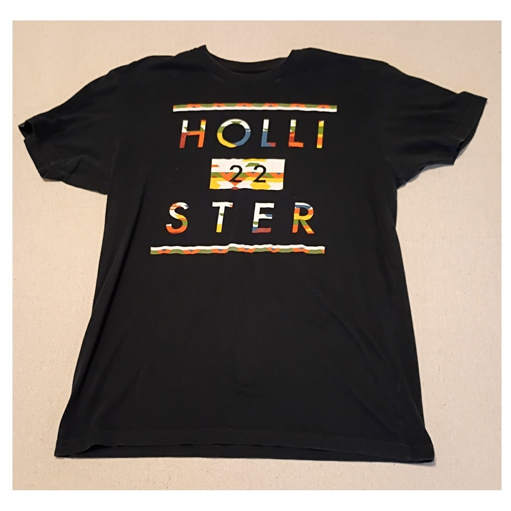Hollister Mens Graphic T-Shirt Black Multi Color Logo Short Sleeve Size M